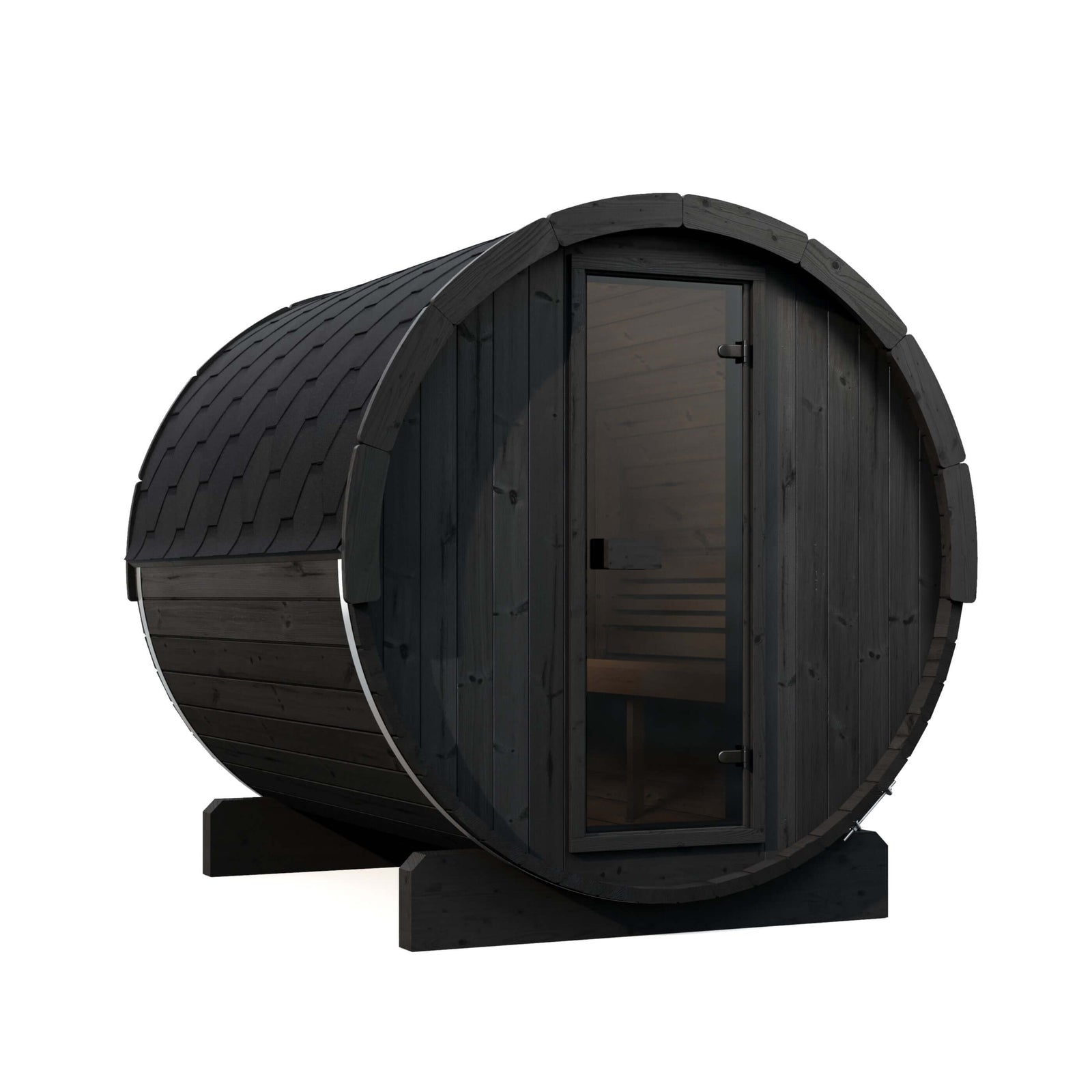 SaunaLife E8B black 6-person barrel-shaped sauna with a door on a white background