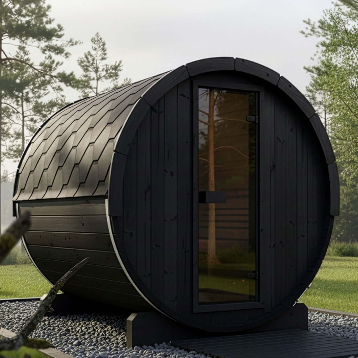 SaunaLife E8 modern black wooden barrel-shaped sauna with a glass door, situated outdoors on a gravel base with trees in the background.