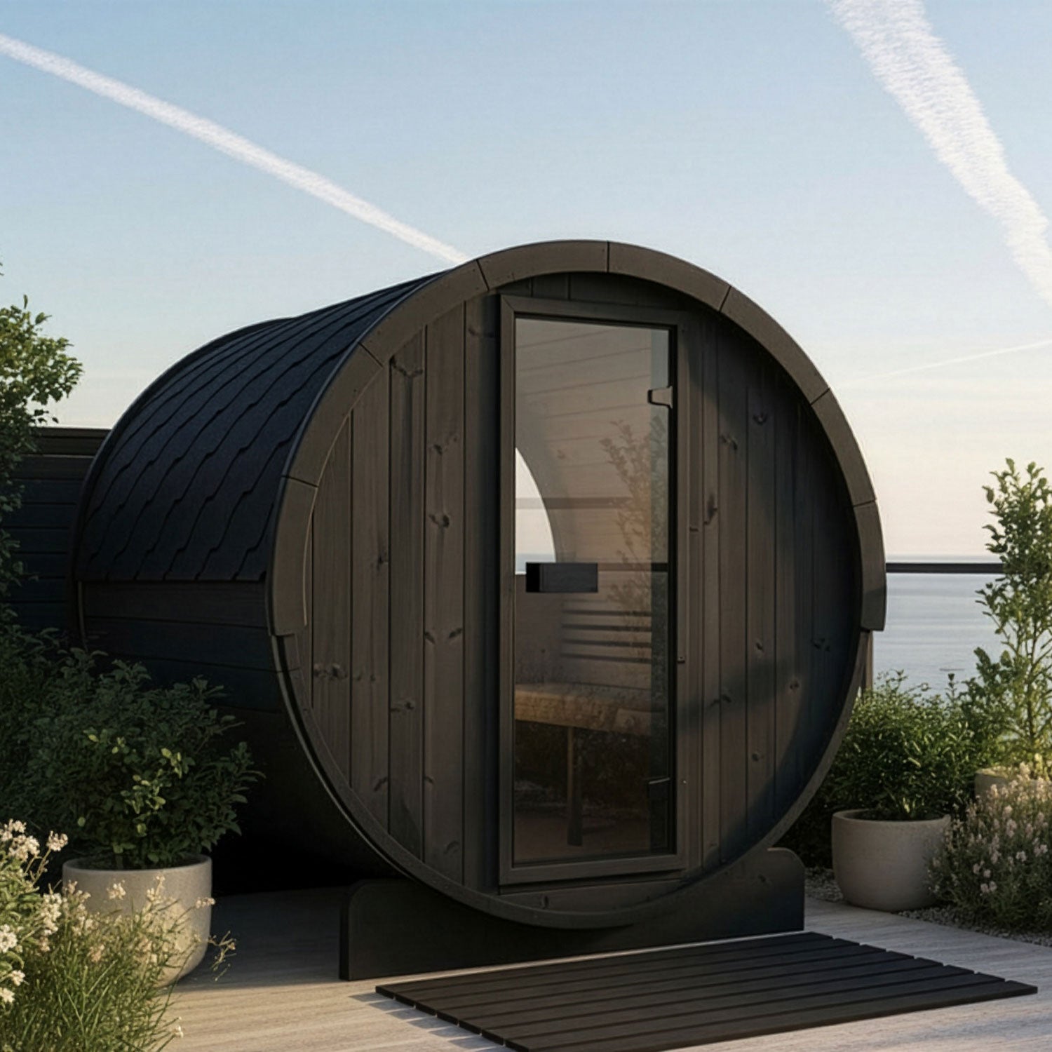 Dark SaunaLife E8WB wood barrel-shaped sauna with a glass door, situated on a wooden deck outdoors with plants, water, and a clear sky in the background.