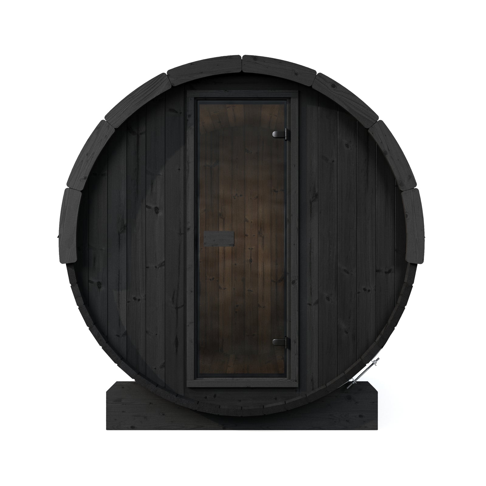 SaunaLife E8B round wooden sauna cabin with a dark charcoal exterior and a central door made of black wood, shown on a plain white background.