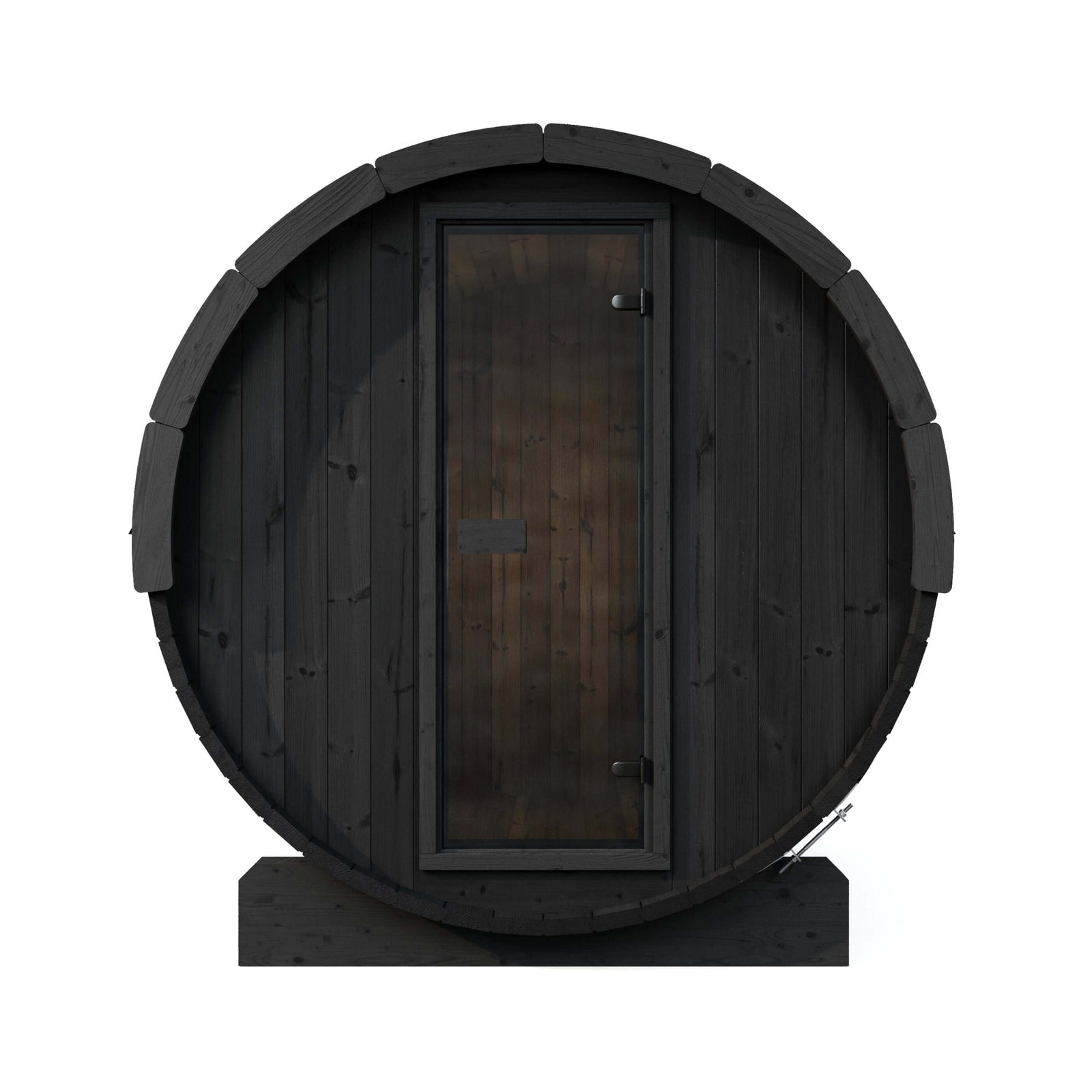 SaunaLife E8B round wooden sauna cabin with a dark charcoal exterior and a central door made of black wood, shown on a plain white background.