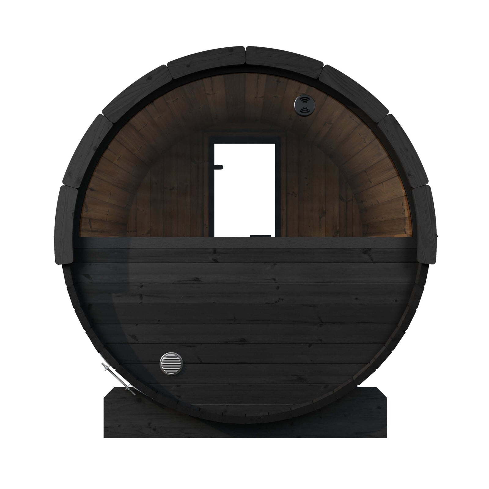 SaunaLife E8WB black-painted wooden sauna cabin with a semi-circular glass window and a door at the other end, shown on a plain white background.
