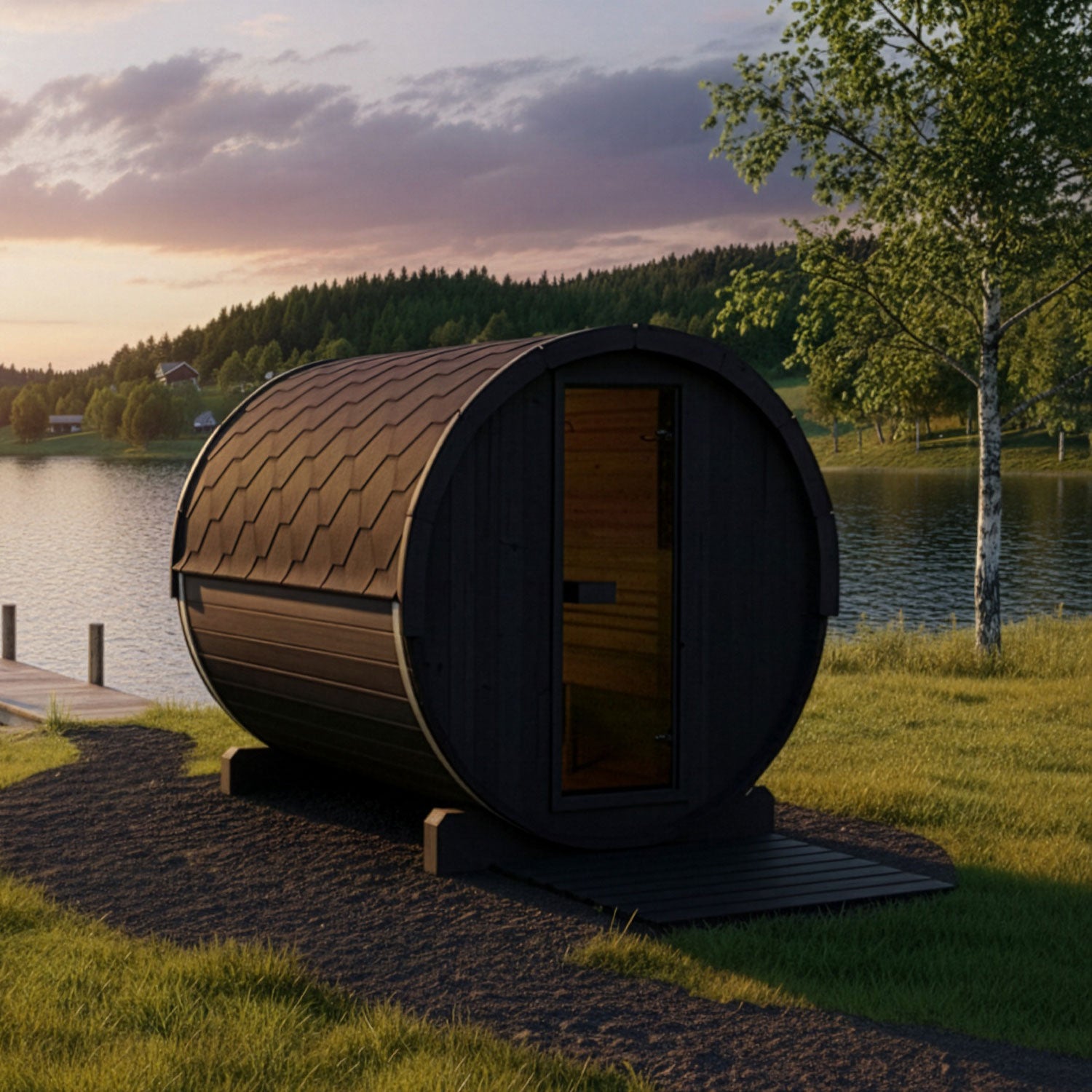 SaunaLife E8B, a dark wooden barrel-shaped sauna cabin with a shingled roof and glass door, situated on a grassy lakeside lawn at sunset.
