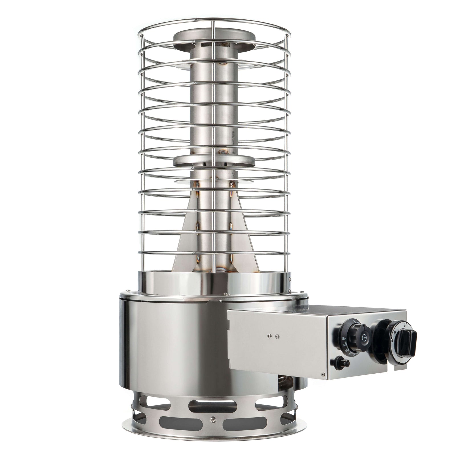 SaunaLife TITAN SL1 Portable Propane Sauna Heater featuring a stainless steel design and adjustable controls.