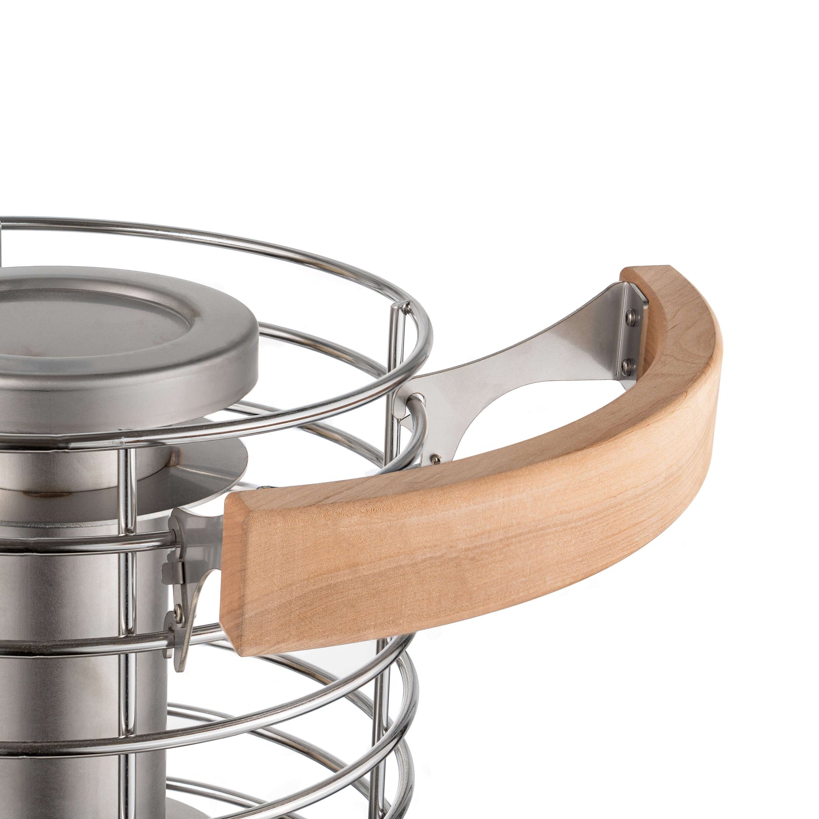 Close-up of the SaunaLife TITAN SL1 Portable Propane Sauna Heater handle, showcasing wooden and stainless steel materials.