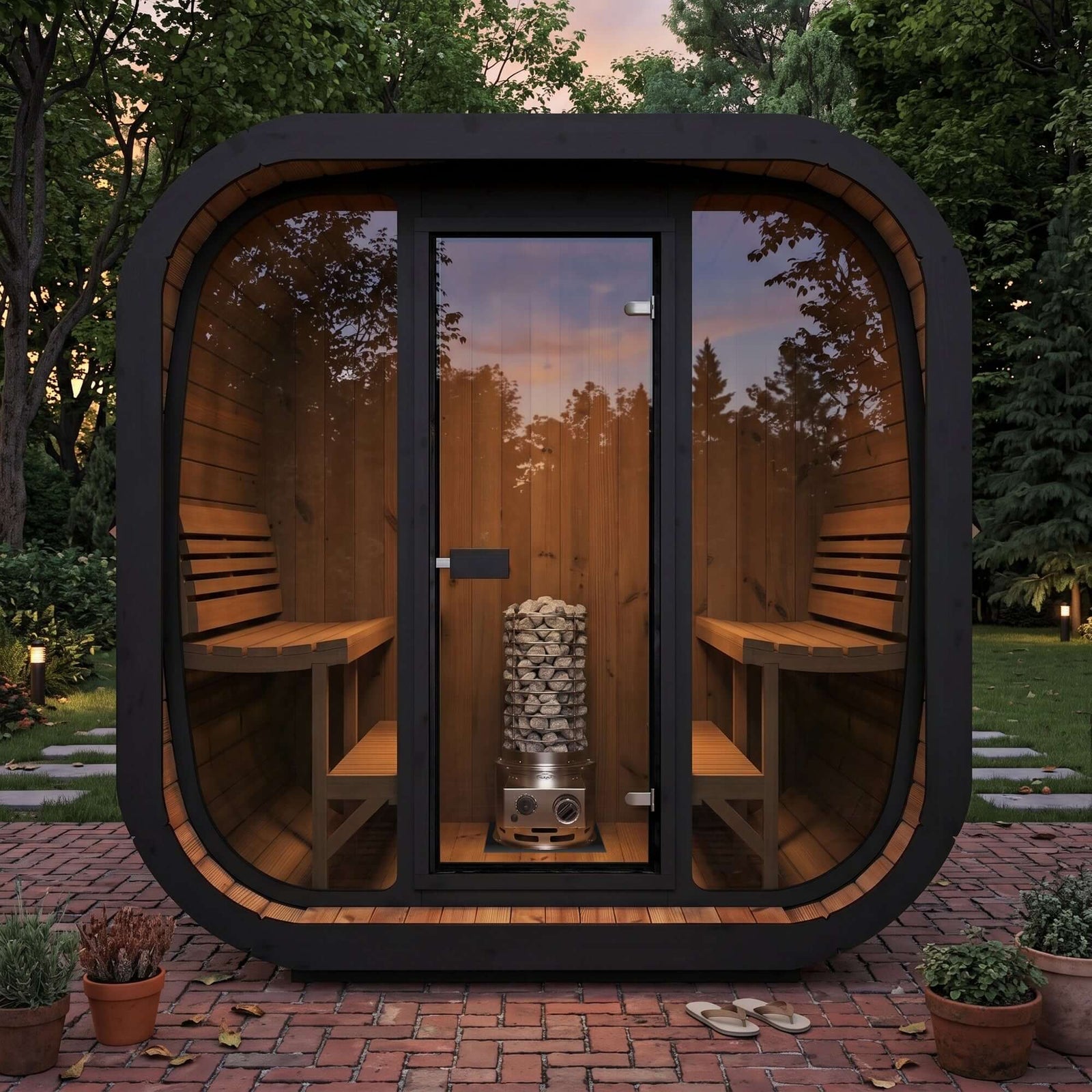 SaunaLife TITAN SL1 Portable Propane Sauna Heater inside view with wooden benches and stone heater.