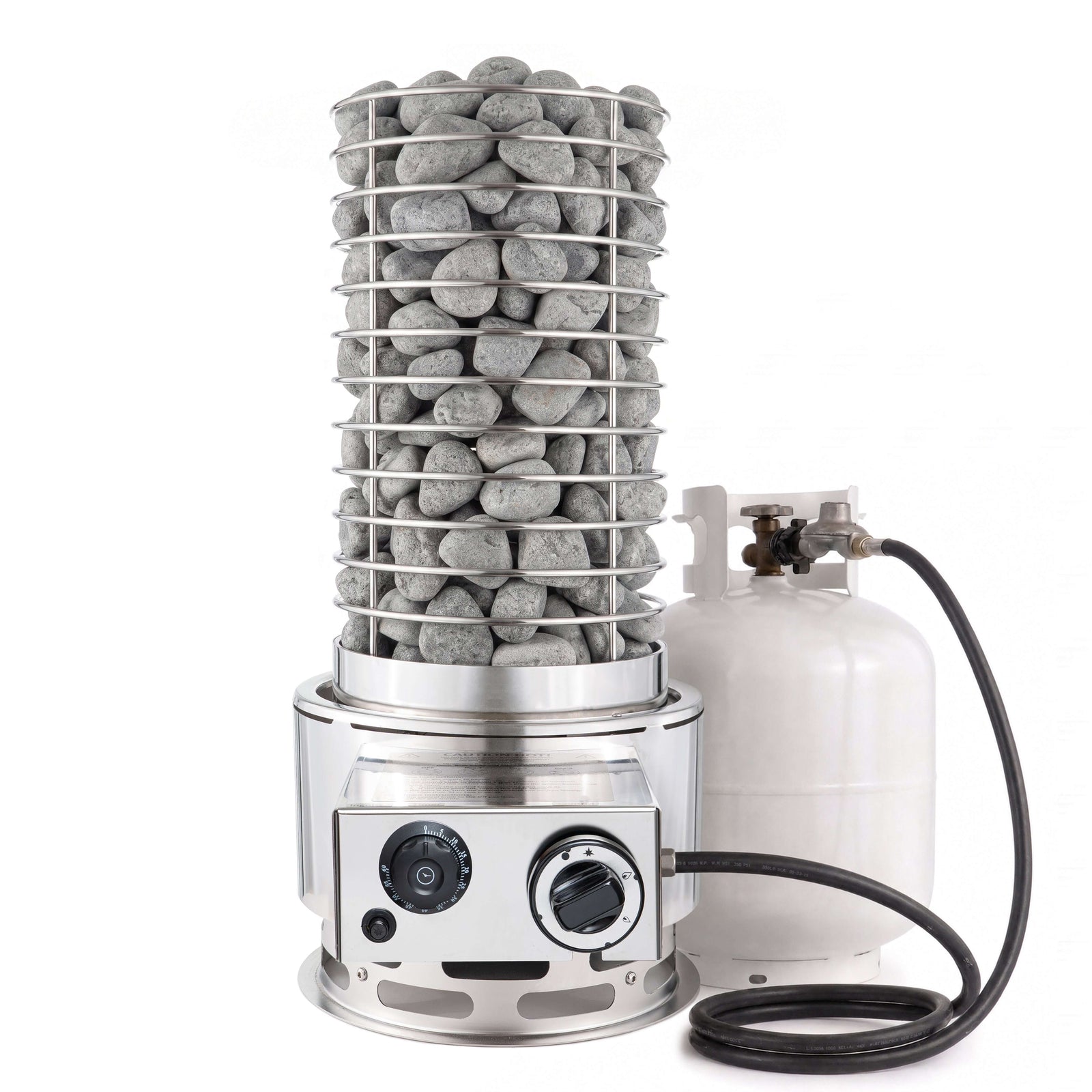 SaunaLife TITAN SL1 Portable Propane Sauna Heater with rocks and propane tank.