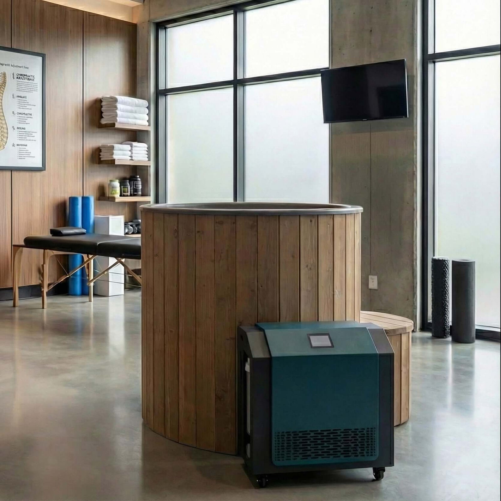 Modern office interior with the wooden SaunaLife S1N hot and cold plunge tub and a green water heater and chiller beside it.