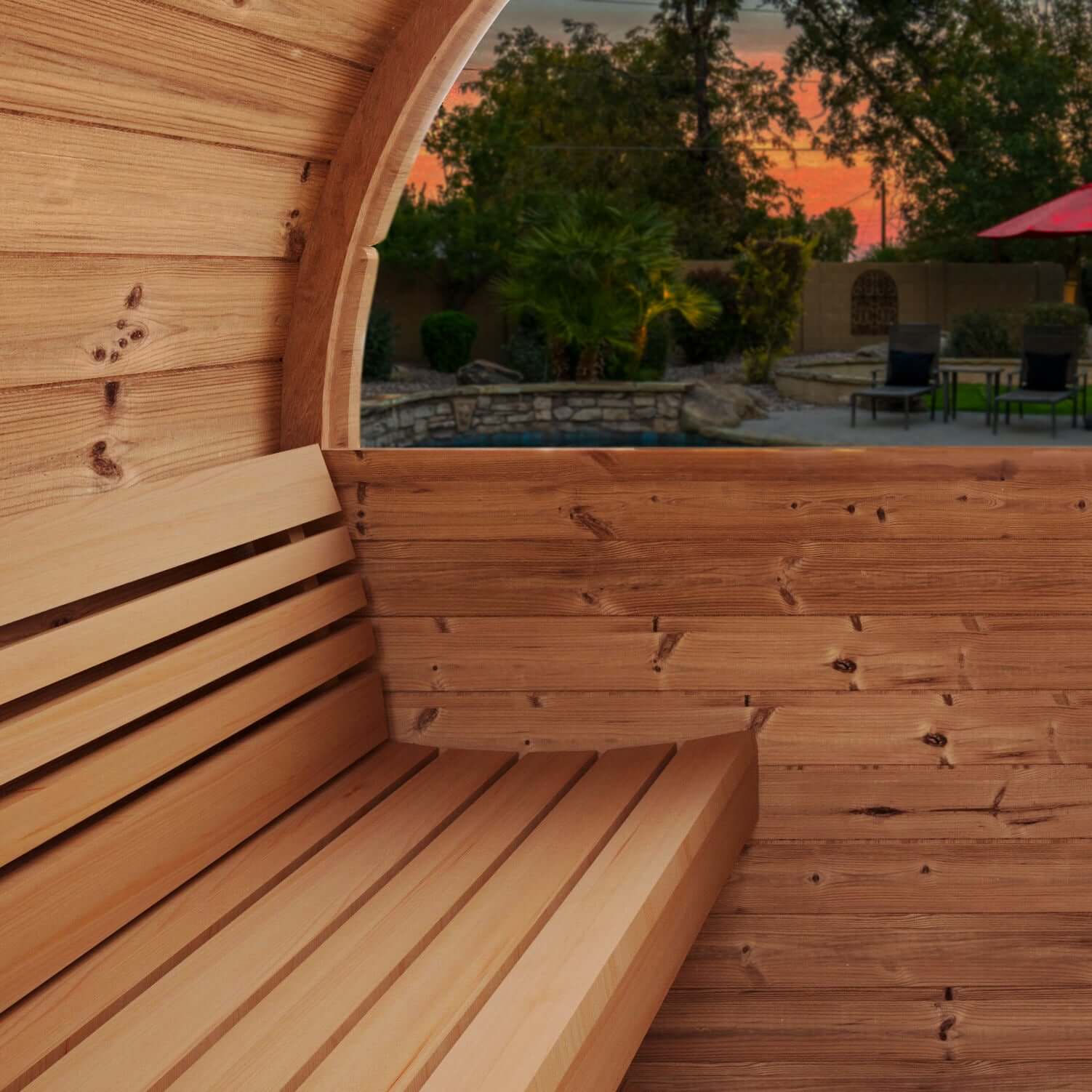 SaunaLife E6W 3 Person Barrel Sauna with Panoramic Rear Window | Ergo Model E6W