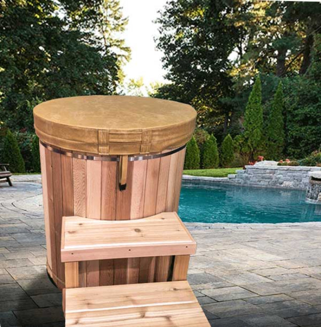Dundalk Leisurecraft Baltic wooden cold plunge tub with steps by a poolside