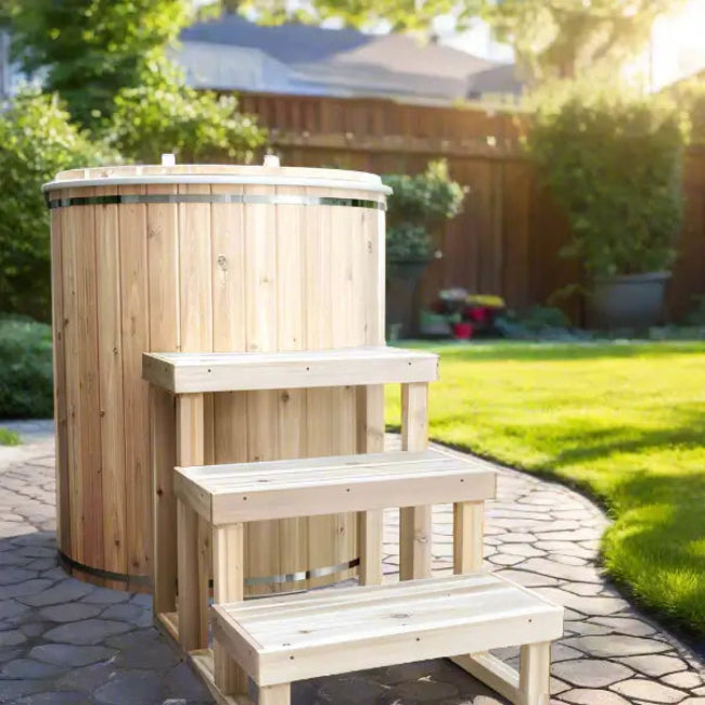 Dundalk Canadian Timber Baltic Cold Plunge, a wooden hot tub with steps in a backyard setting