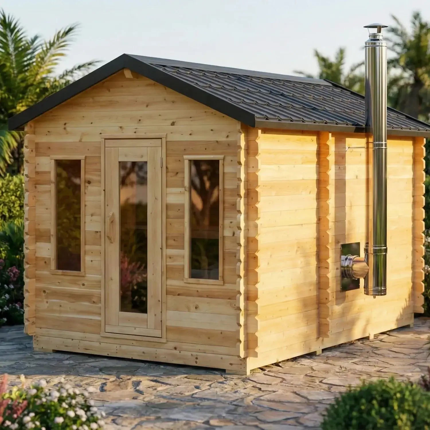 Dundalk Leisurecraft Georgian Cabin Sauna with Changeroom showcased in a serene outdoor setting.