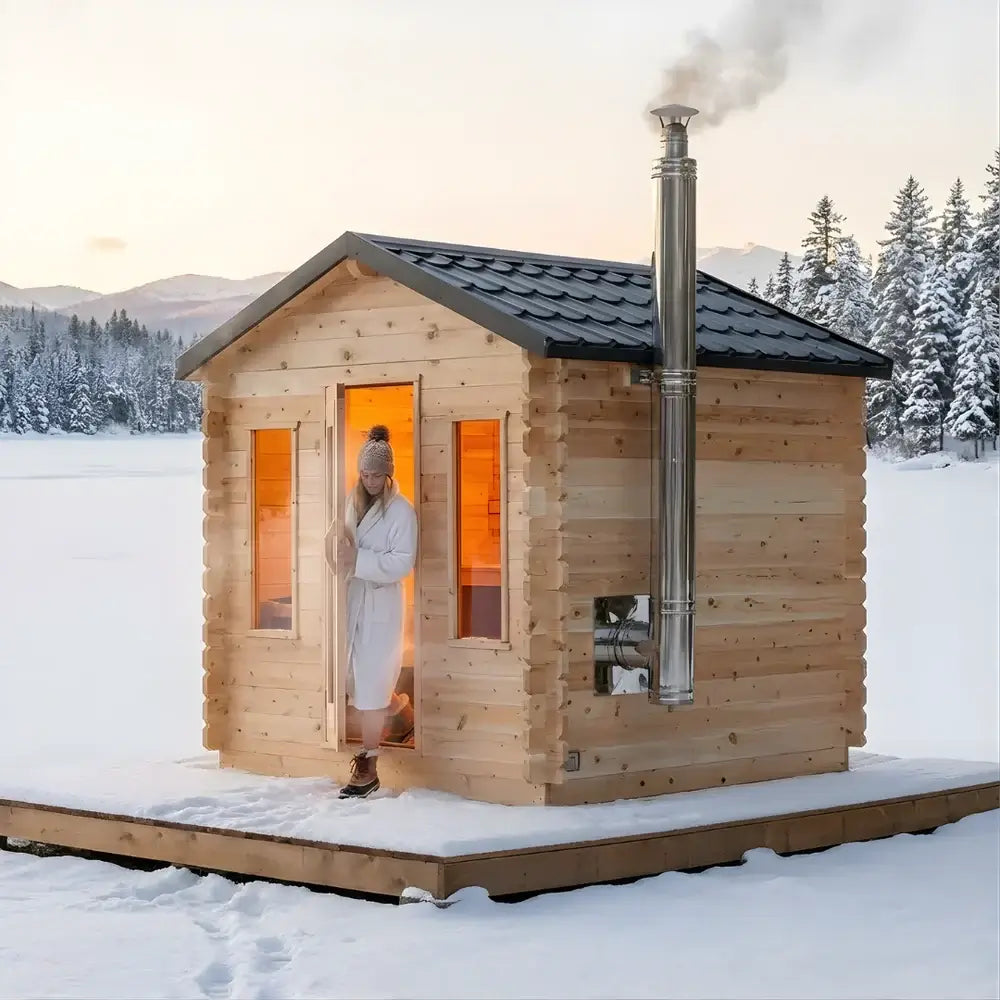 Dundalk Leisurecraft Georgian cabin sauna in snowy landscape with person stepping outside.