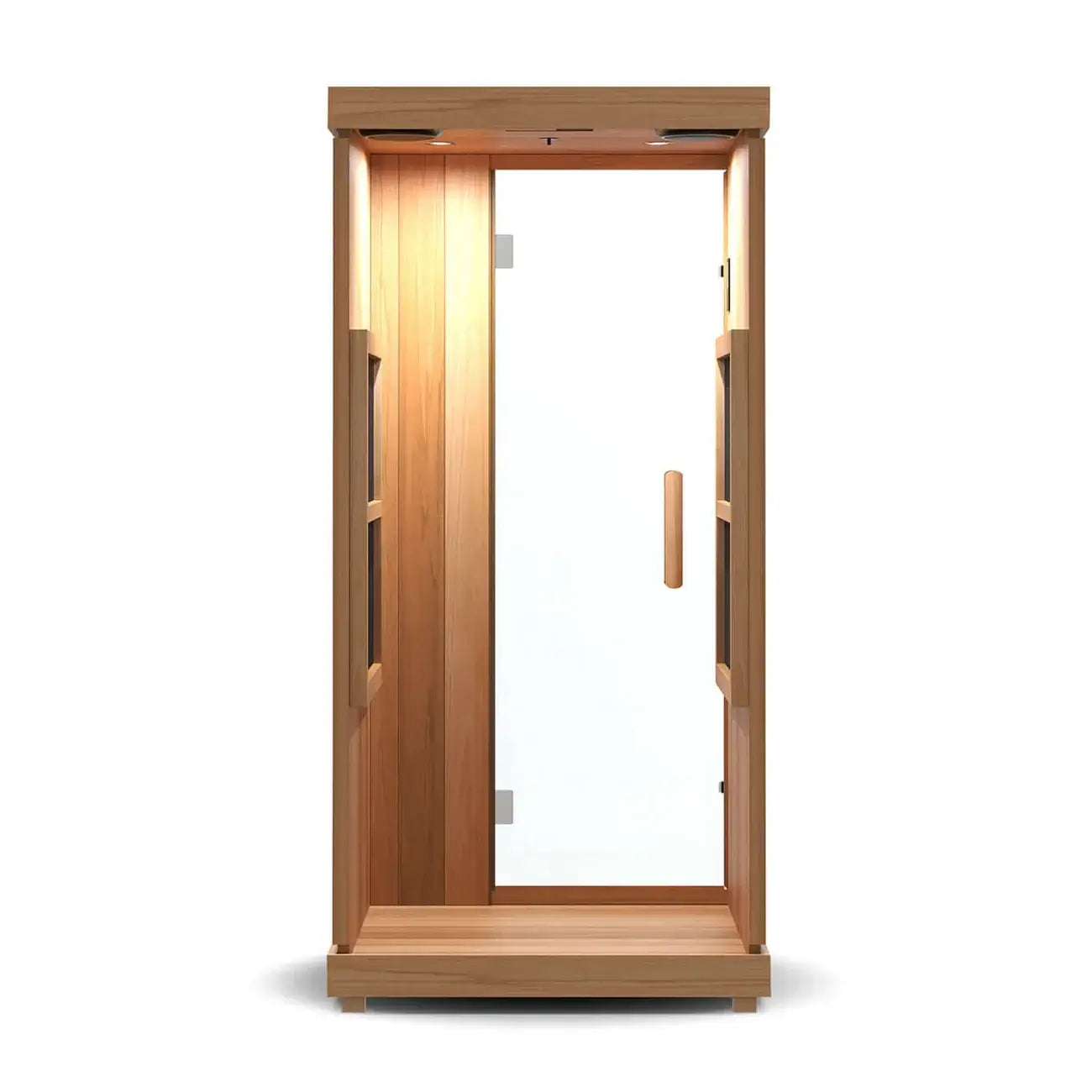 Back view of a Finnmark FD-1 1-person full spectrum infrared sauna with a light brown wood exterior, infrared heater elements, a glass door, shown on a white background.