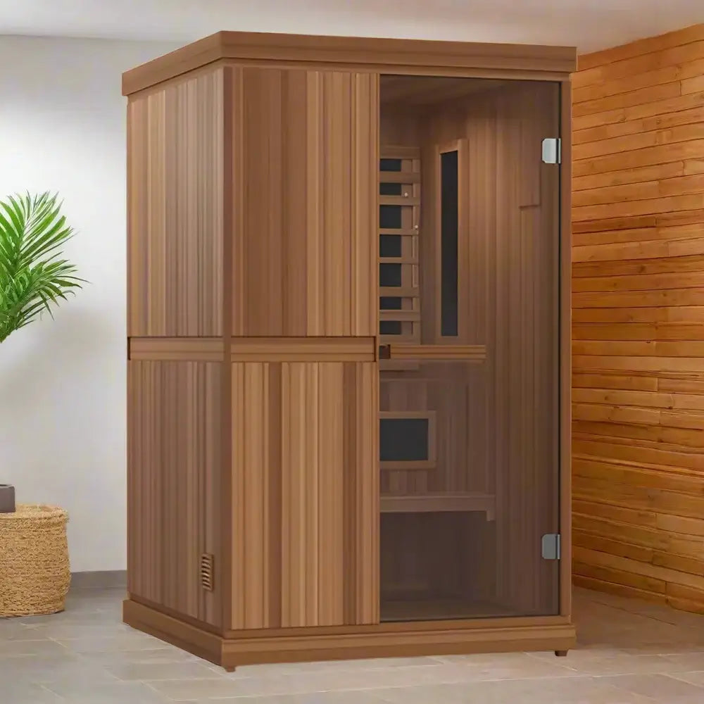 Finnmark Designs FD-4, wooden infrared and traditional sauna with glass door in a room setting