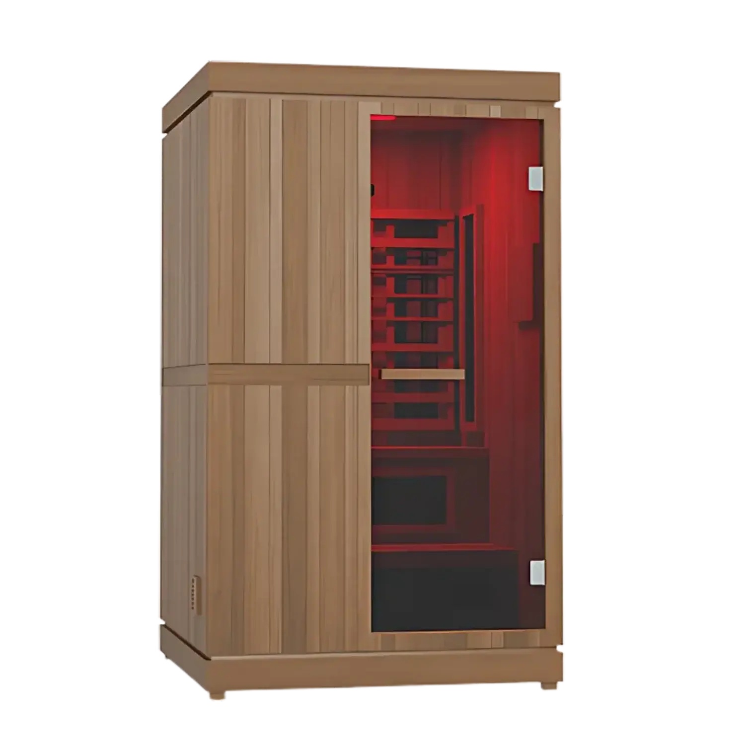 Finnmark Designs FD-4 wooden sauna with red interior lighting on a white background