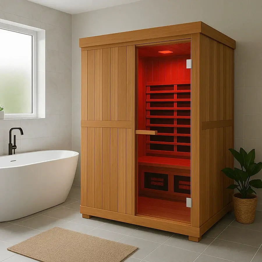 Finnmark Designs FD-4 wooden sauna with red interior in a bathroom setting