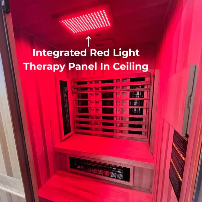Infrared sauna with red light therapy panel on the ceiling of Finnmark Designs FD-4 sauna