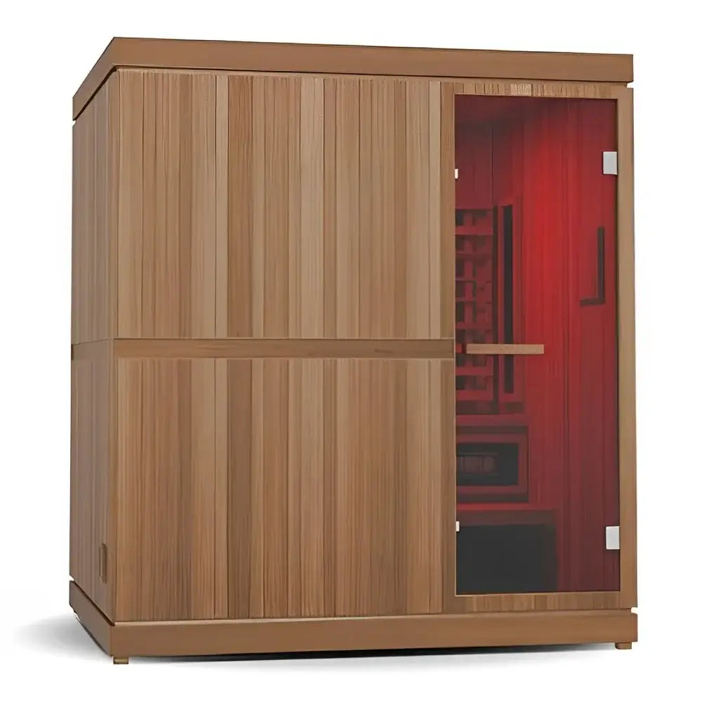 Finnmark FD-5 wooden sauna with a red interior on a white background