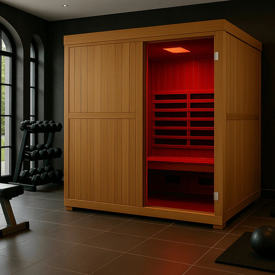 Finnmark Designs wooden infrared and traditional sauna with a glass door, illuminated from within by a red light, set in a modern gym with dark tiled floors and weight equipment in the background.