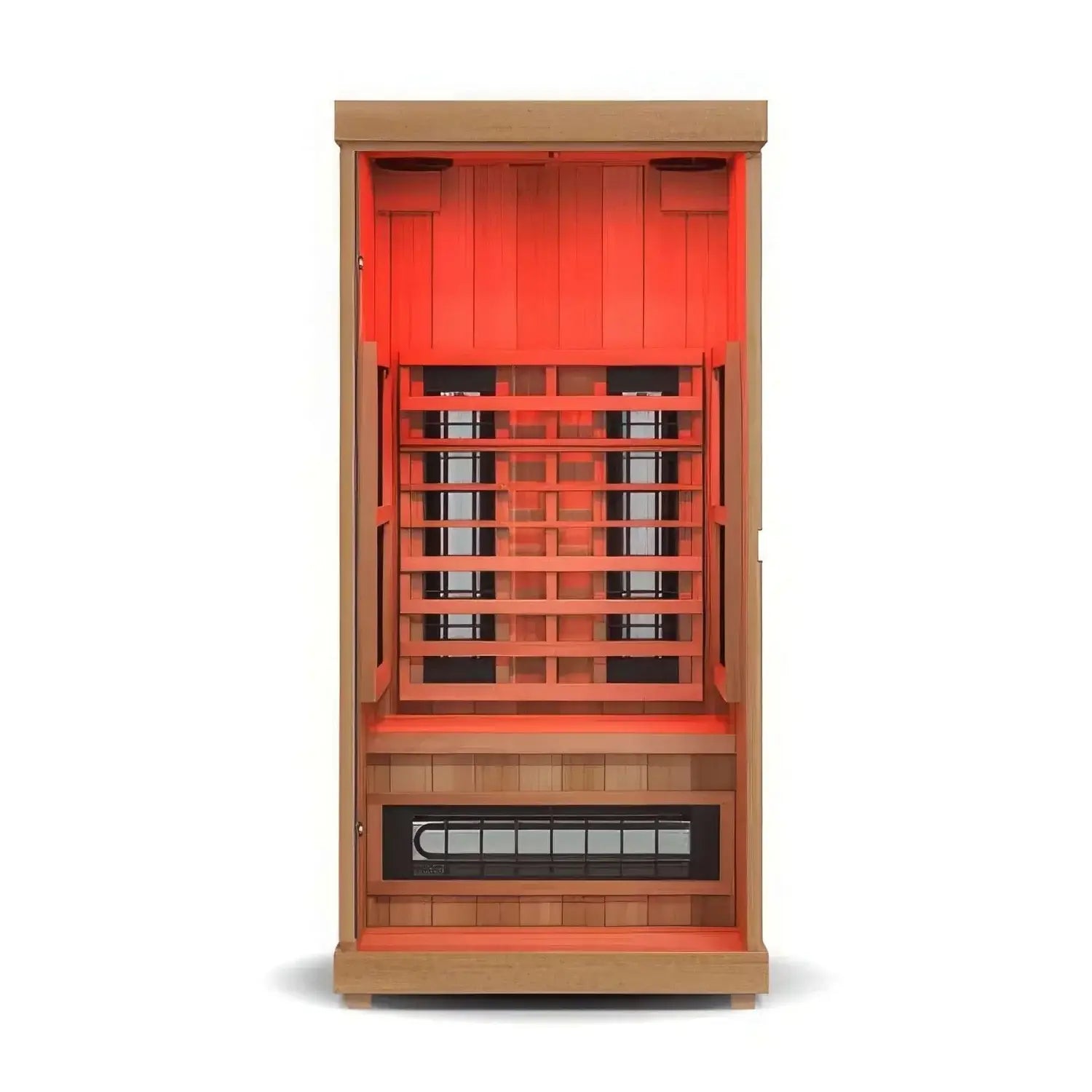 A freestanding Finnmark FD-1 1-person full spectrum infrared sauna with a light brown wood exterior and a bright red interior featuring infrared heater elements, shown on a white background.