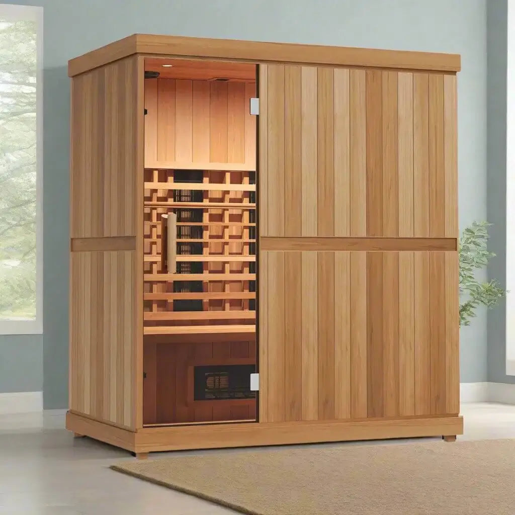 Finnmark FD-3 wooden infrared sauna with a visible interior in a modern room