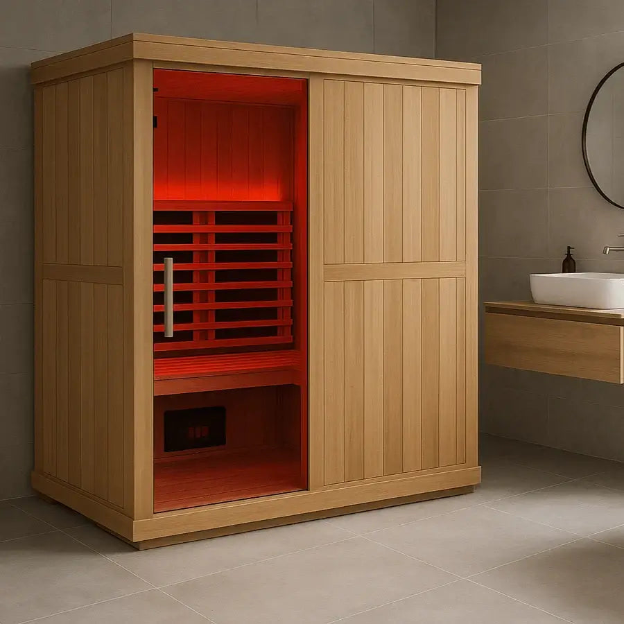 A wooden Finnmark FD-3 infrared sauna room with its glass door, showing a warm red-orange interior light, set in a modern gray-tiled bathroom next to a sink.