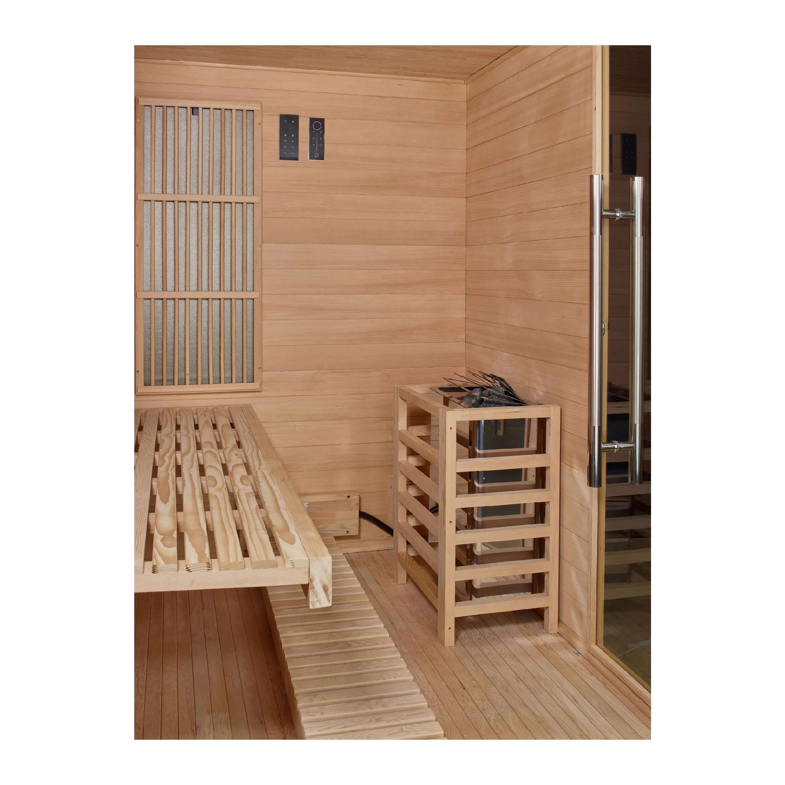 Golden Designs Soria 3-Person Hybrid Indoor Sauna w/ Full Spectrum Infrared & Harvia Traditional Electric Heater Kit | GDI-8330-01