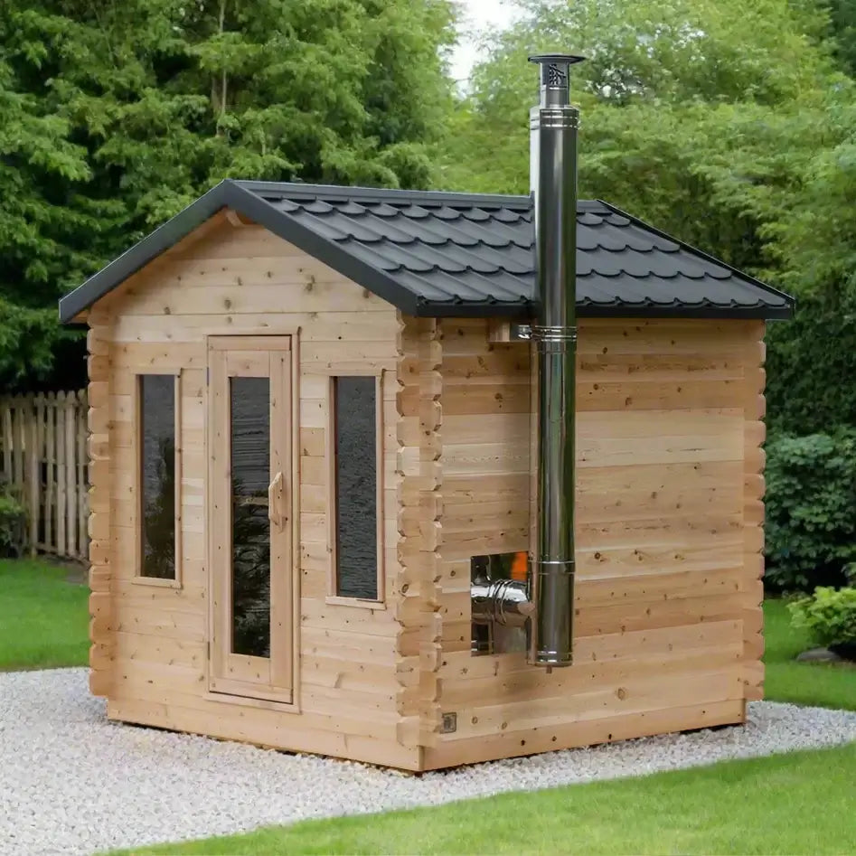Dundalk Leisurecraft Georgian cabin sauna, eco-friendly wooden sauna cabin with chimney in a garden.