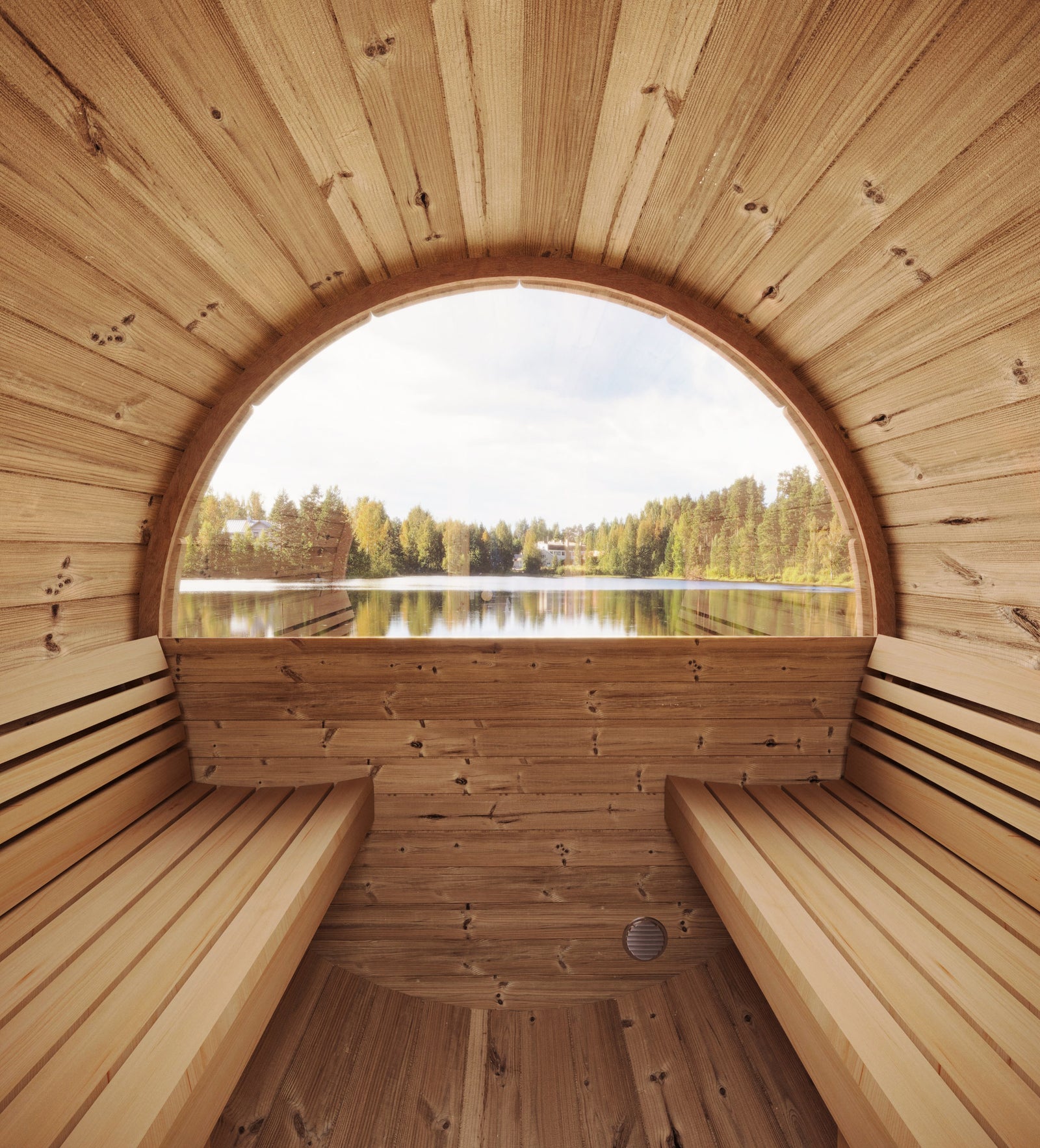 SaunaLife E6W 3 Person Barrel Sauna with Panoramic Rear Window | Ergo Model E6W
