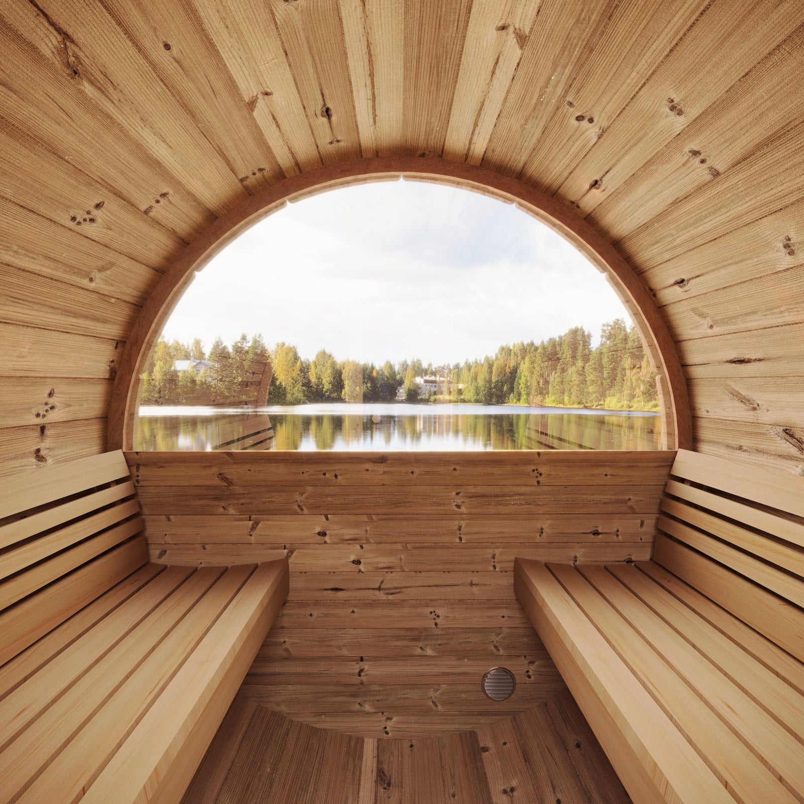 SaunaLife E6W 2-4 Person Barrel Sauna with Panoramic Rear Window | Ergo Model E6W