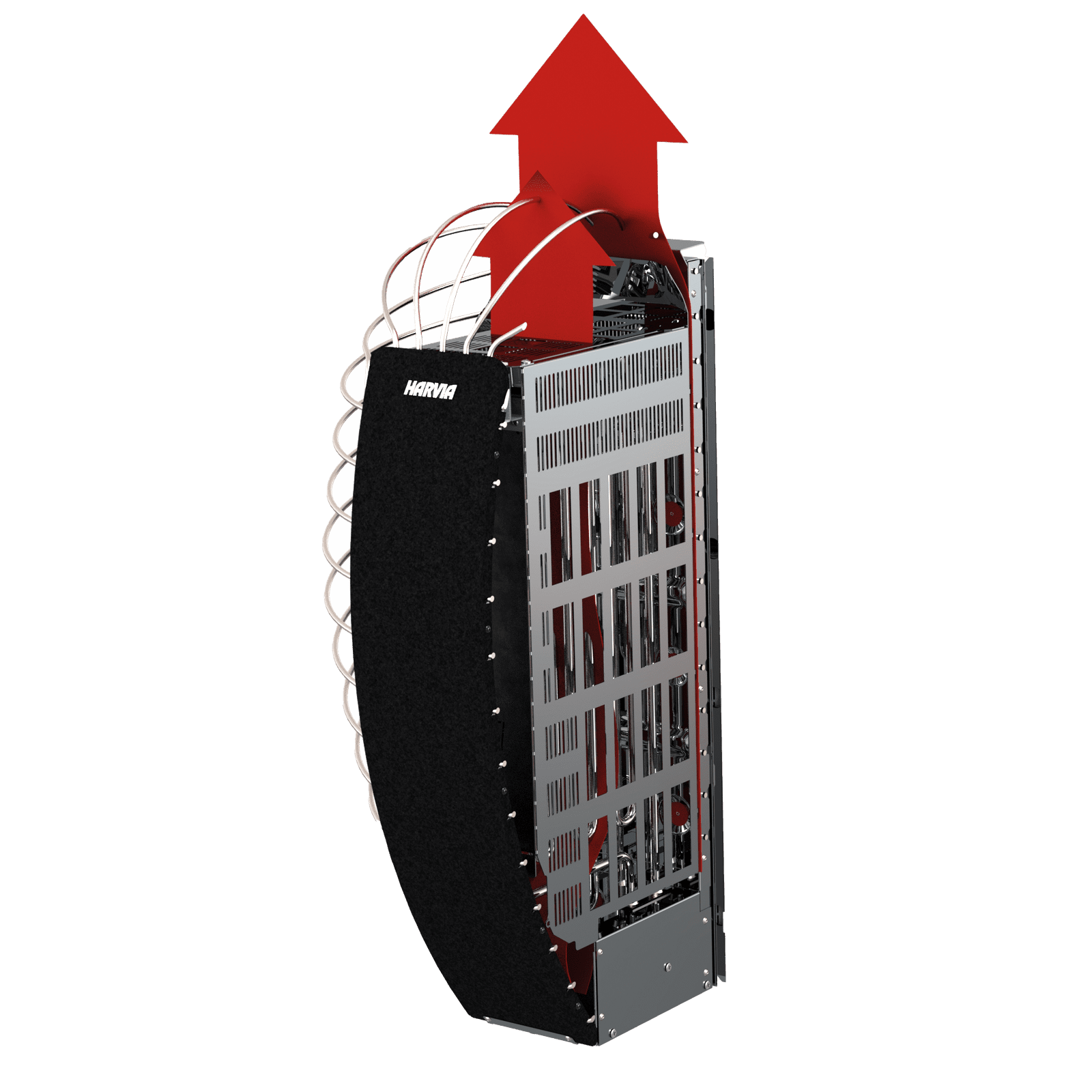 Harvia Spirit electric sauna heater with two red arrows pointing upwards on a transparent background