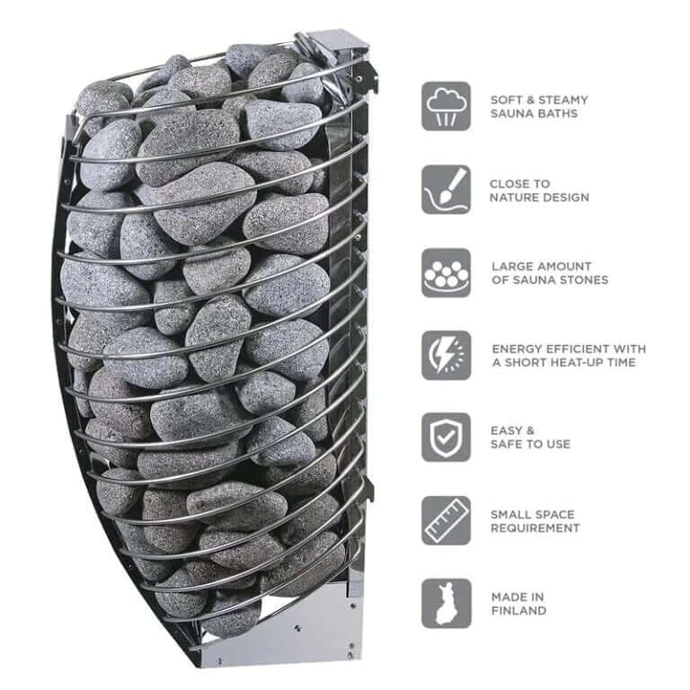 Features of the Harvia Spirit electric sauna heater listed on a white background