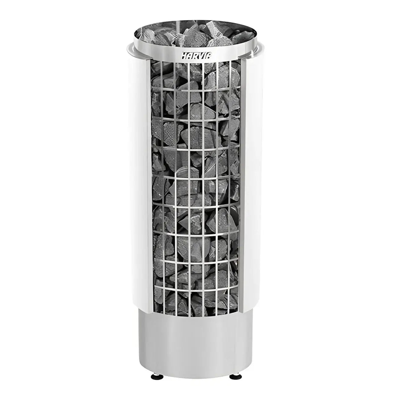 A tall cylindrical Harvia Cilindro Half electric sauna heater with exposed stone pillar, the brand name 'HARVIA' is printed on the top collar, on white background.