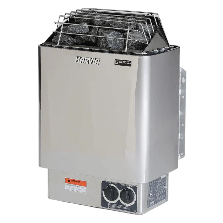 Harvia KIP with built in controls sauna heater with metal basket on a white background