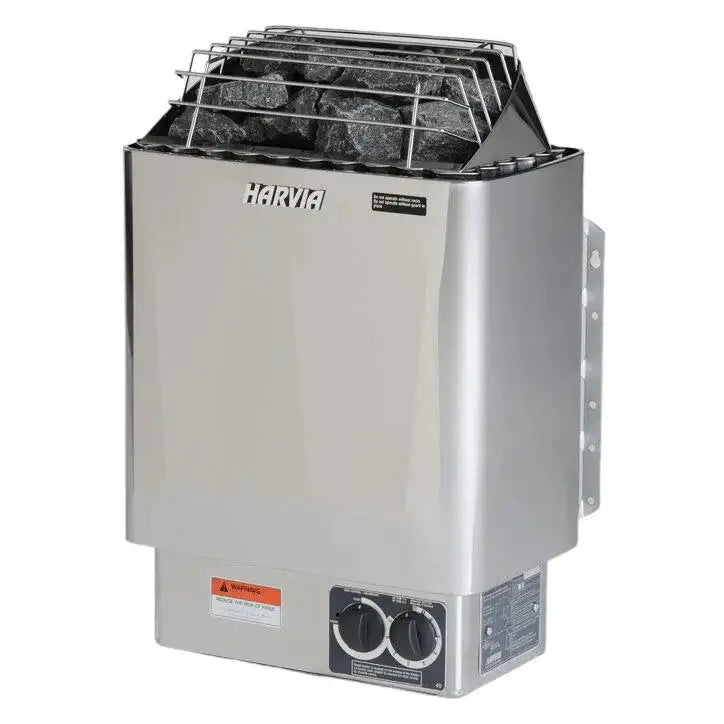 Harvia KIP with built in controls sauna heater with metal basket on a white background