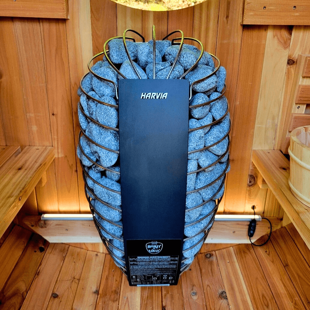 Harvia Spirit electric sauna heater in a wooden sauna room