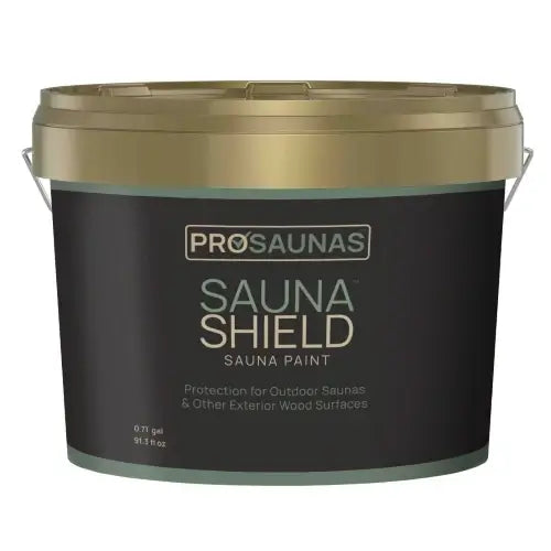A 7.75 gallon bucket of ProSaunas Sauna Shield Sauna Paint, featuring a black label with gold and white lettering, and a metallic gold lid. Used for SaunaLife CL4GB sauna.