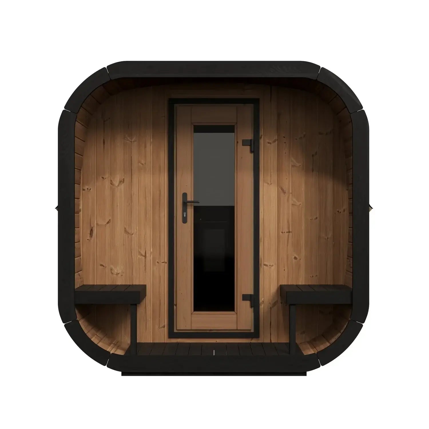 SaunaLife CL12GCP wooden cube sauna with black trim on a white background.