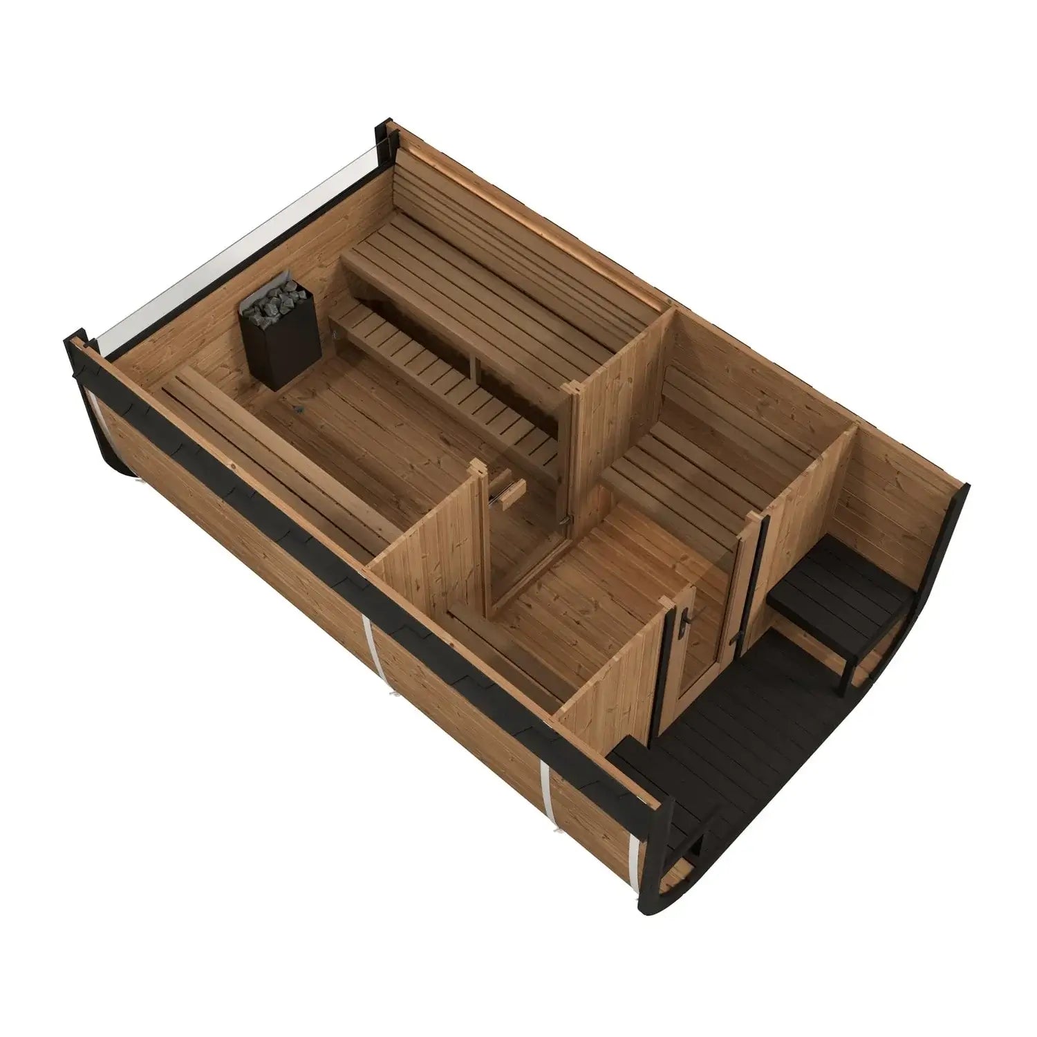 SaunaLife CL12GCP's 3D isometric rendering. A wooden sauna cabin with a dark exterior wall, wooden interior benches, and a small black sauna heater, shown on a plain white background.