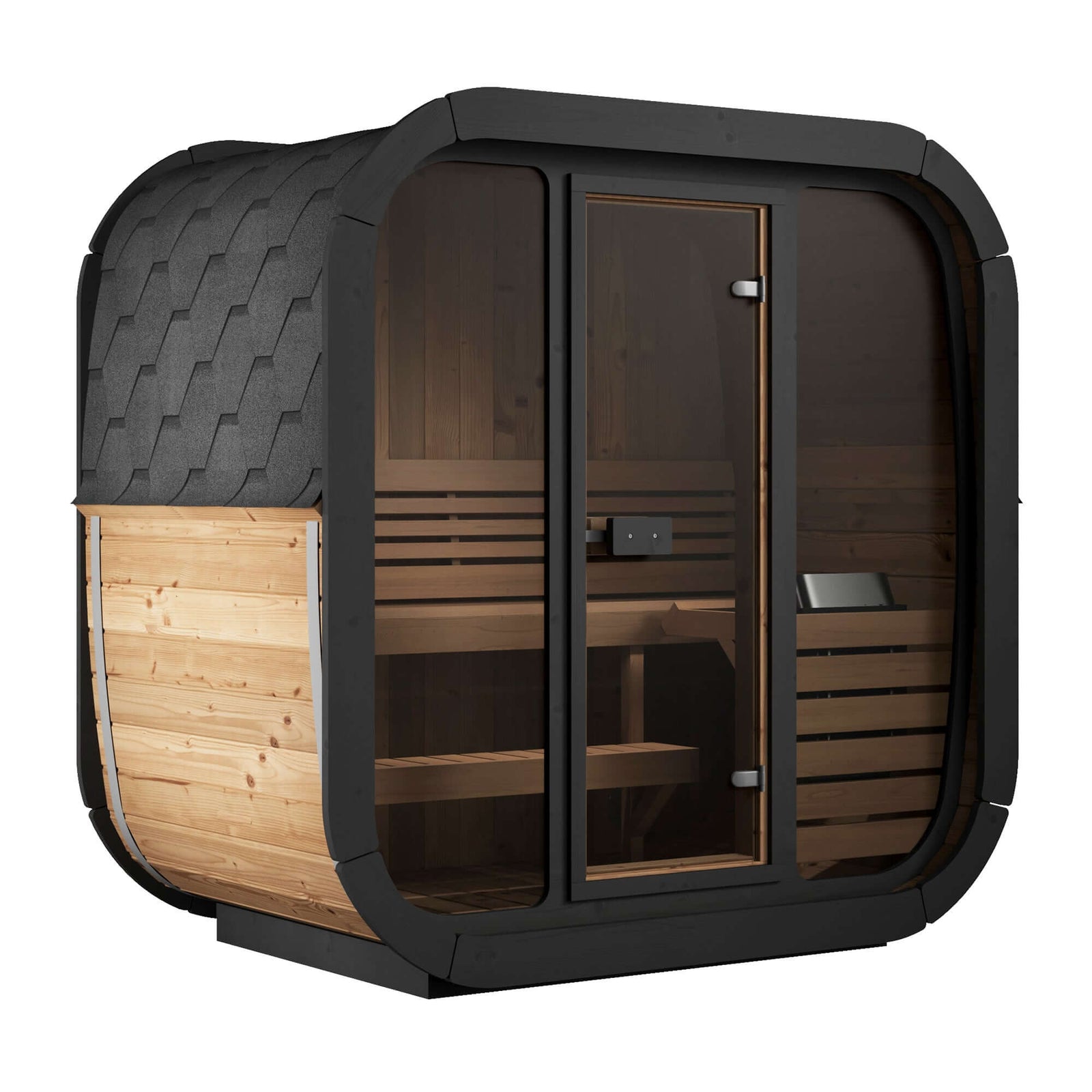 SaunaLife CL4G 3-Person Cube-Series Outdoor Sauna Kit with sleek design and contoured seating surfaces for ultimate comfort