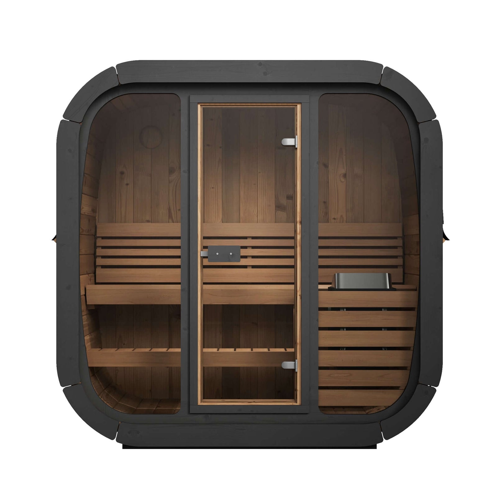 SaunaLife CL4G 3-Person Cube-Series Outdoor Sauna Kit with contoured seating and thermo-aspen surfaces for comfort.