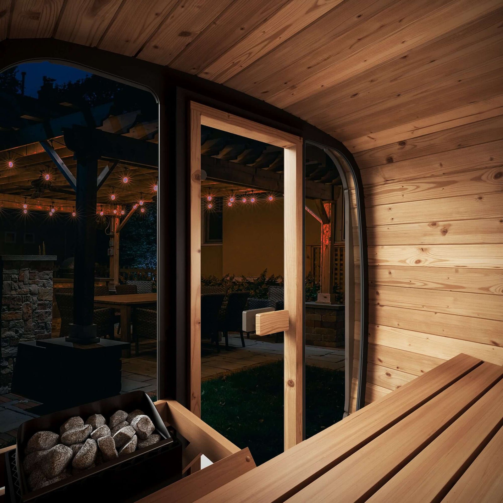 Interior view of SaunaLife CL4G 3-person outdoor sauna with contoured seating and outdoor night lighting.