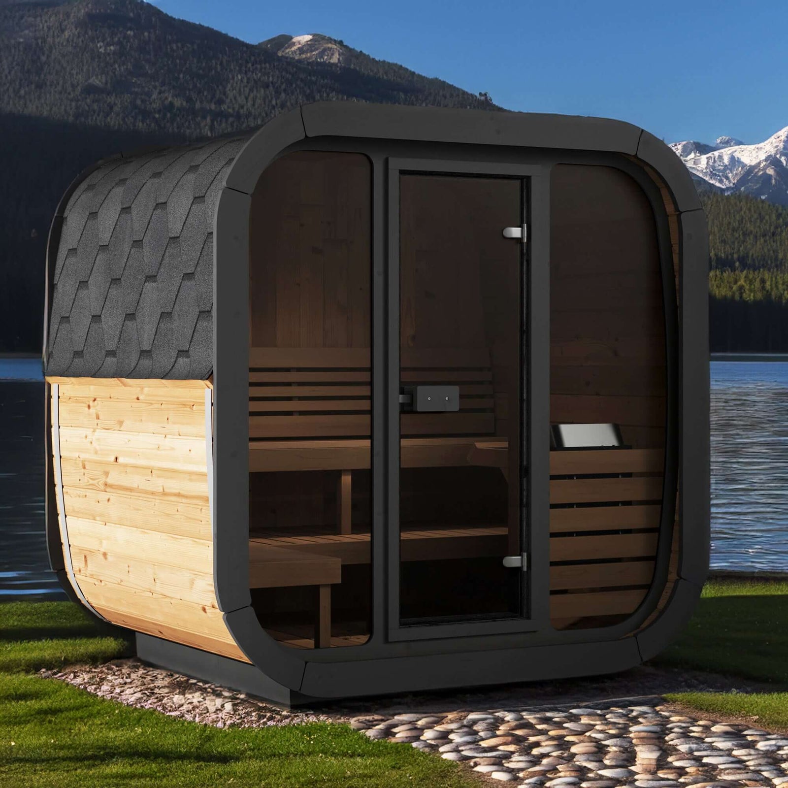 Outdoor SaunaLife CL5G Cube-Series Kit by a Lake