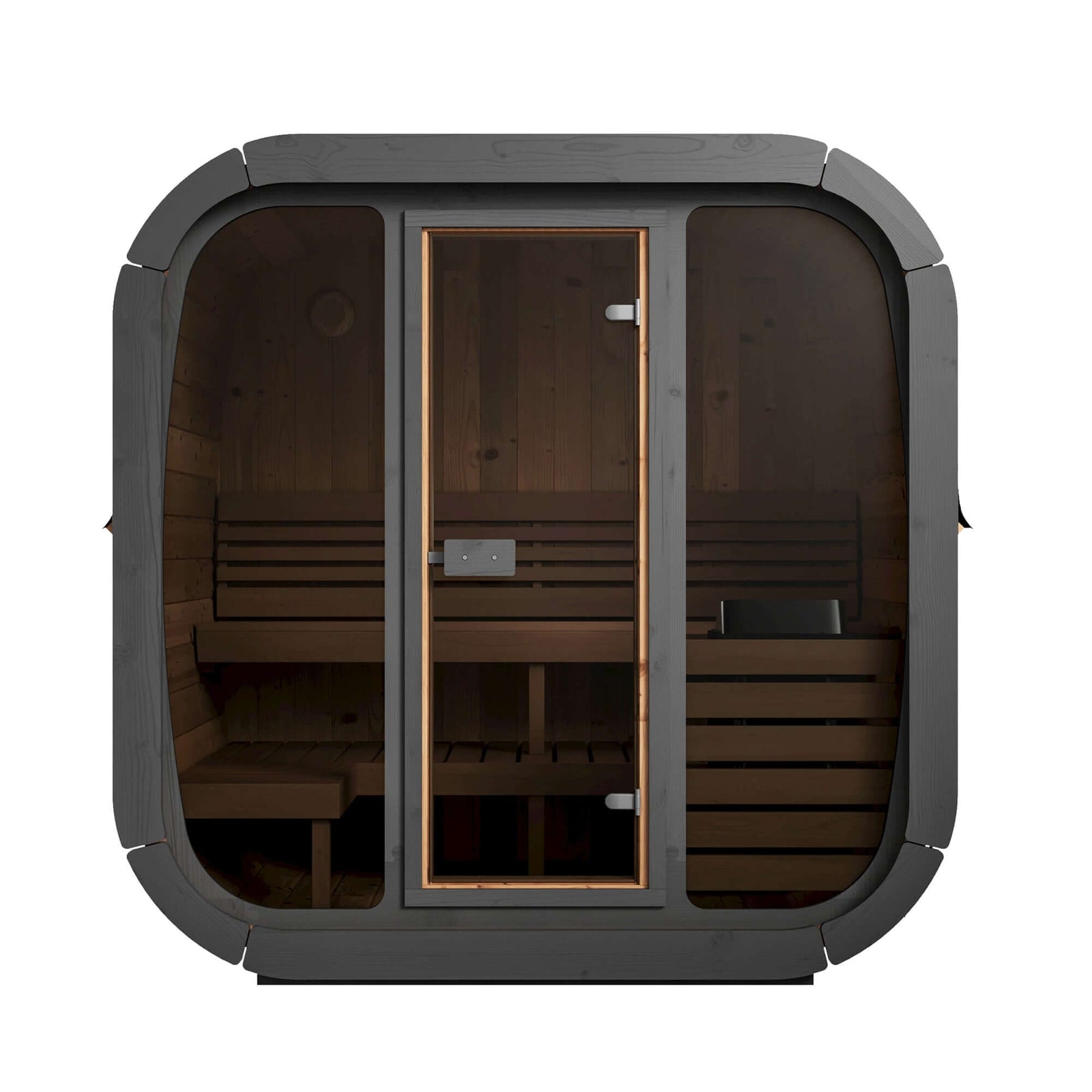 SaunaLife CL5G 4-Person Cube Outdoor Sauna Kit with contoured seating and thermo-aspen surfaces for unmatched comfort.