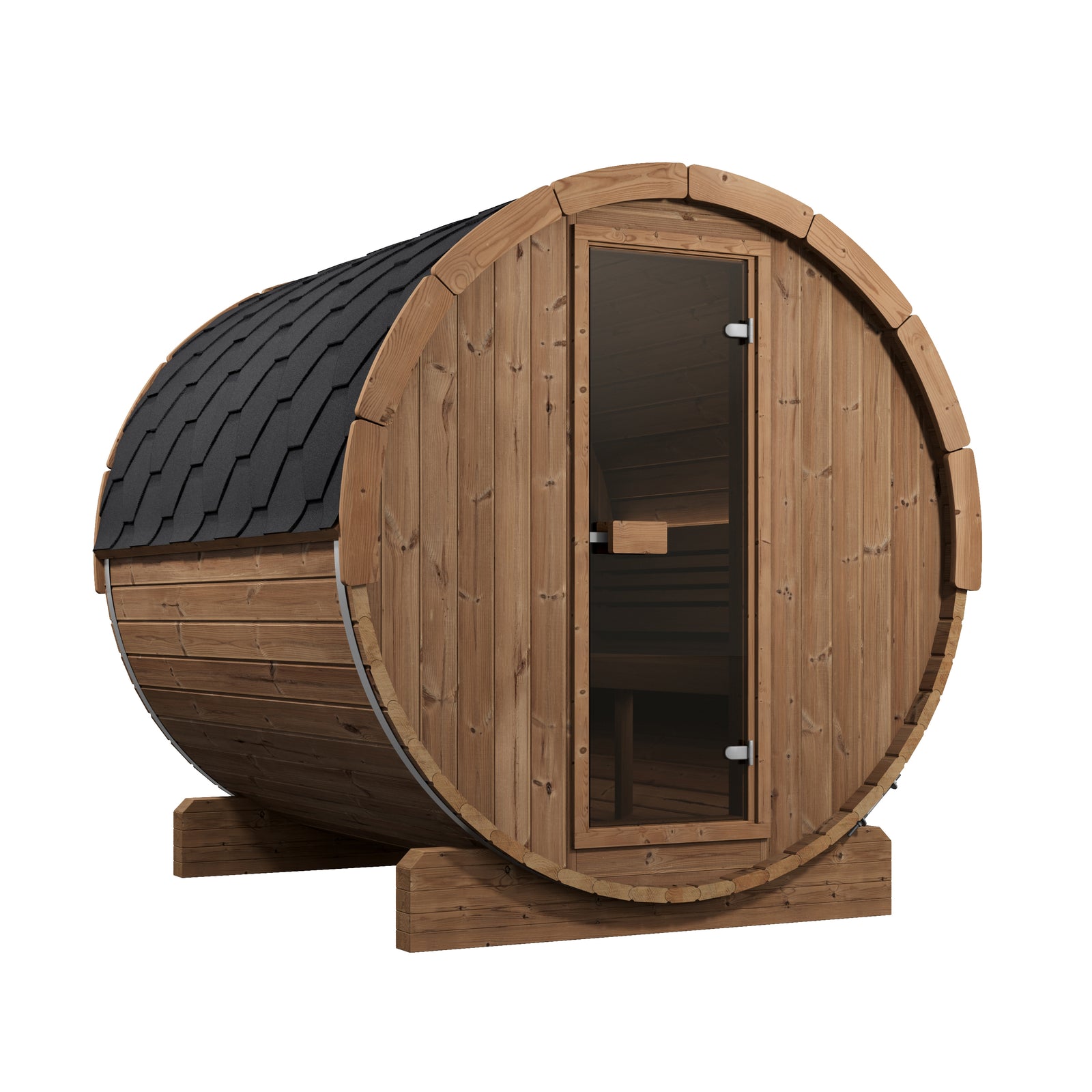 SaunaLife E8 six-person Thermo-Spruce wooden barrel-style outdoor sauna with a dark shingled curved roof, glass door, and visible wooden interior benches, shown on a plain white background.