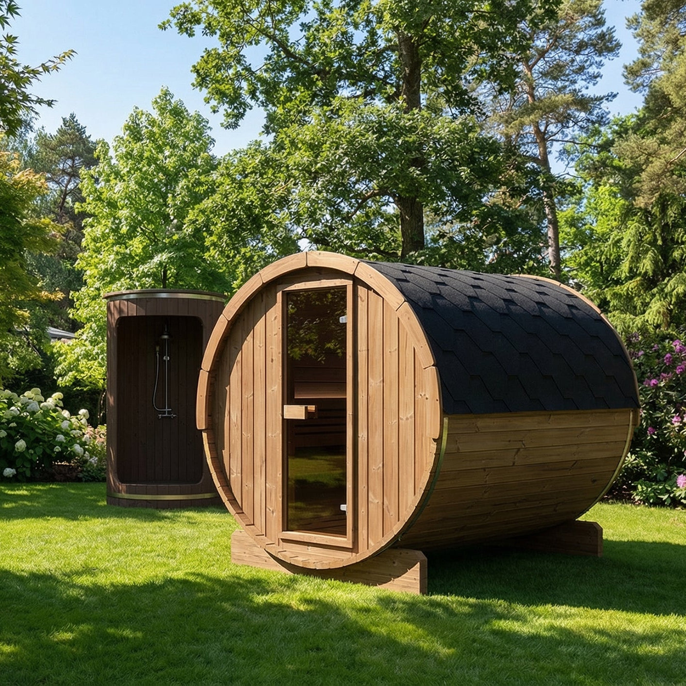 SaunaLife E8 six-person thermo-spruce outdoor barrel sauna wooden with a dark curved roof sits on a green lawn in a landscaped garden with trees and flowering shrubs. A smaller matching wooden SaunaLife R3 outdoor shower is visible behind it.