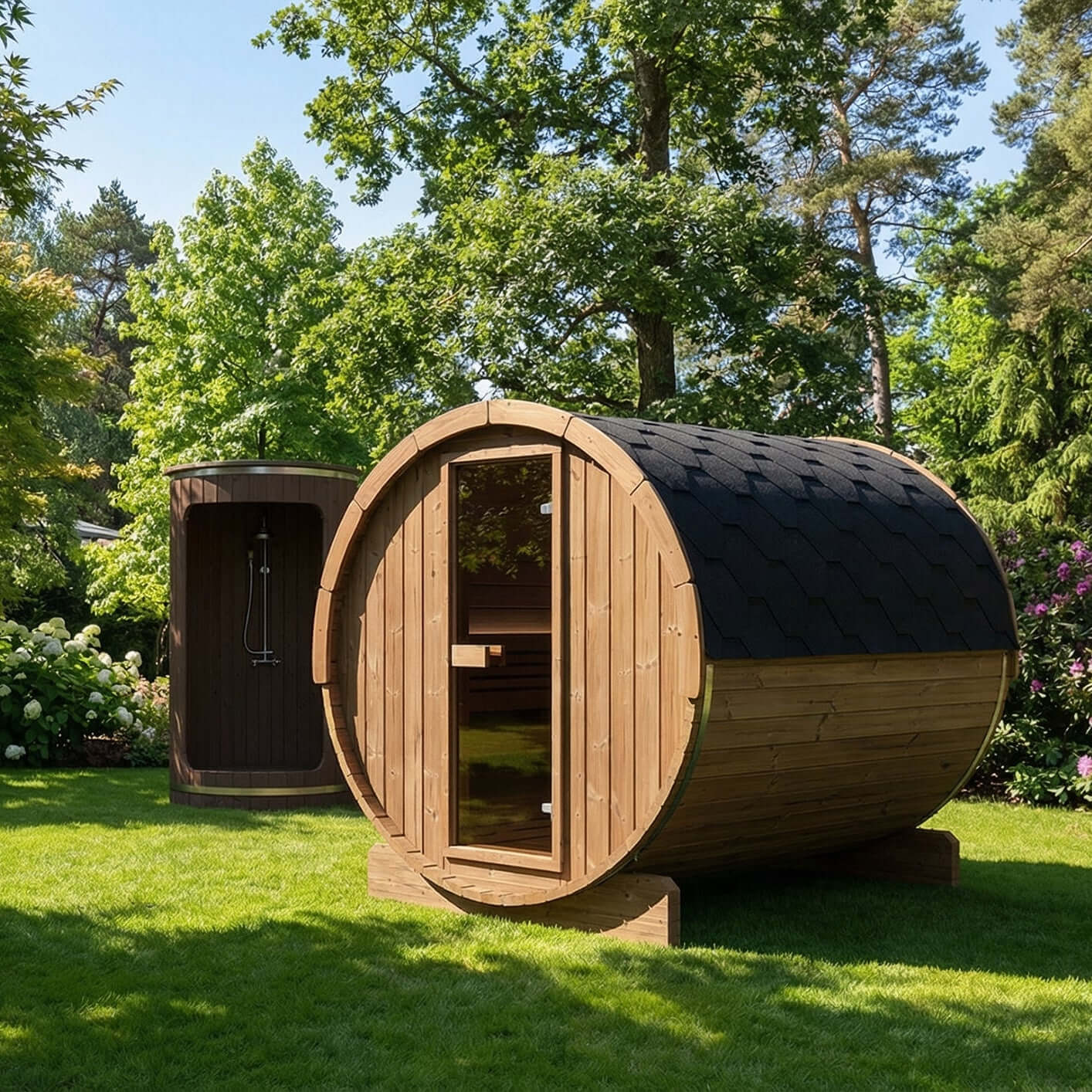 SaunaLife E8 six-person thermo-spruce outdoor barrel sauna wooden with a dark curved roof sits on a green lawn in a landscaped garden with trees and flowering shrubs. A smaller matching wooden SaunaLife R3 outdoor shower is visible behind it.