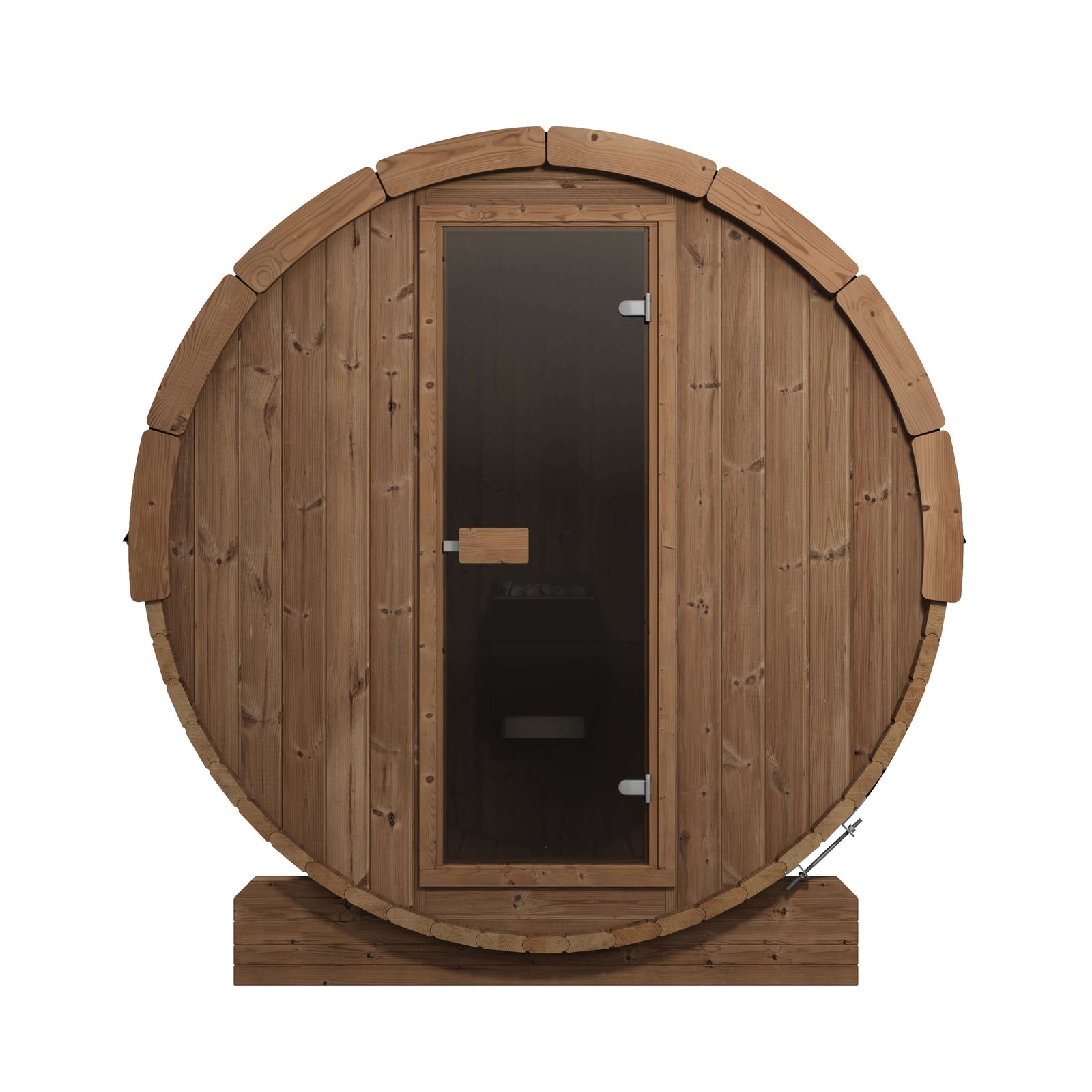 SaunaLife E8 round wooden sauna cabin with a glass door and a wooden support base, shown on a plain white background.