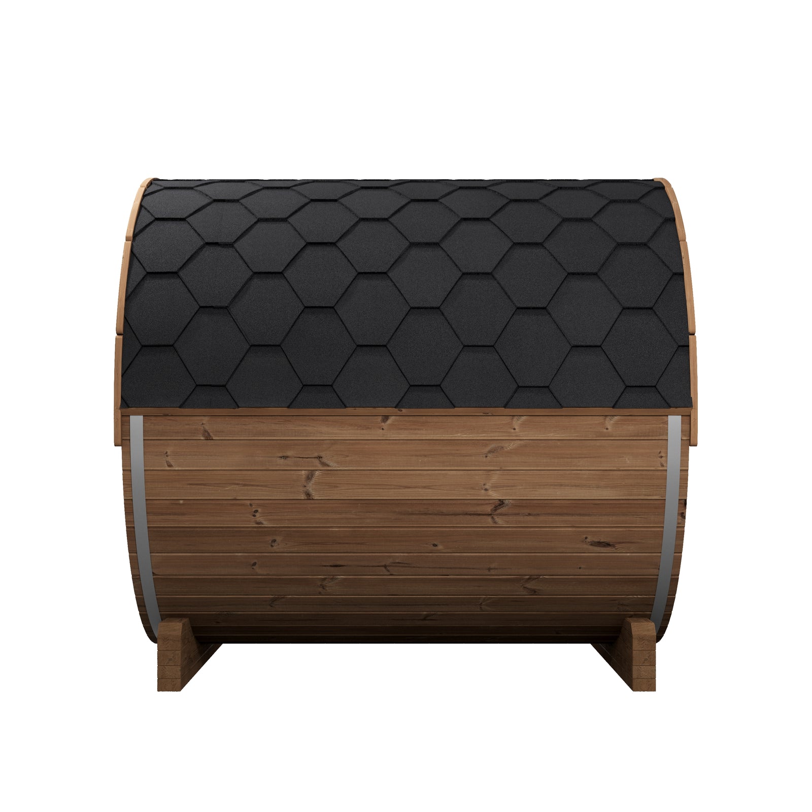 SaunaLife E8 six-person thermo-spruce outdoor barrel sauna with a dark gray hexagonal-patterned shingle roof and brown wooden sides, shown on a plain white background